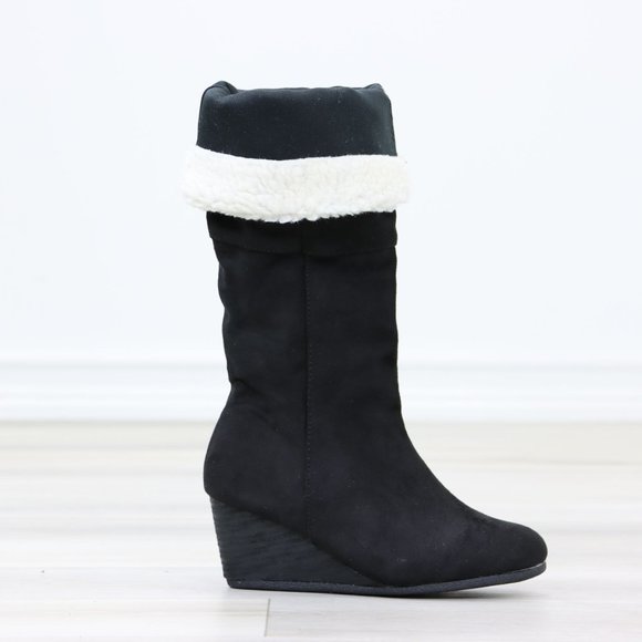 Sherpa Fold Over Black Below The Knee Wedge Heeled Boots Faux Suede - Picture 12 of 12